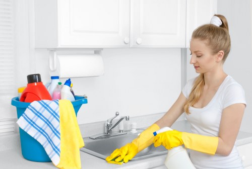 Cleaner maintaining a tidy apartment as part of a weekly cleaning schedule